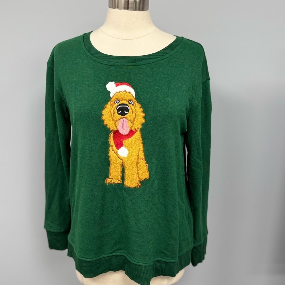 NWT Jane + Delancey Golden Retriever Christmas Sweater M Green Santa Dog